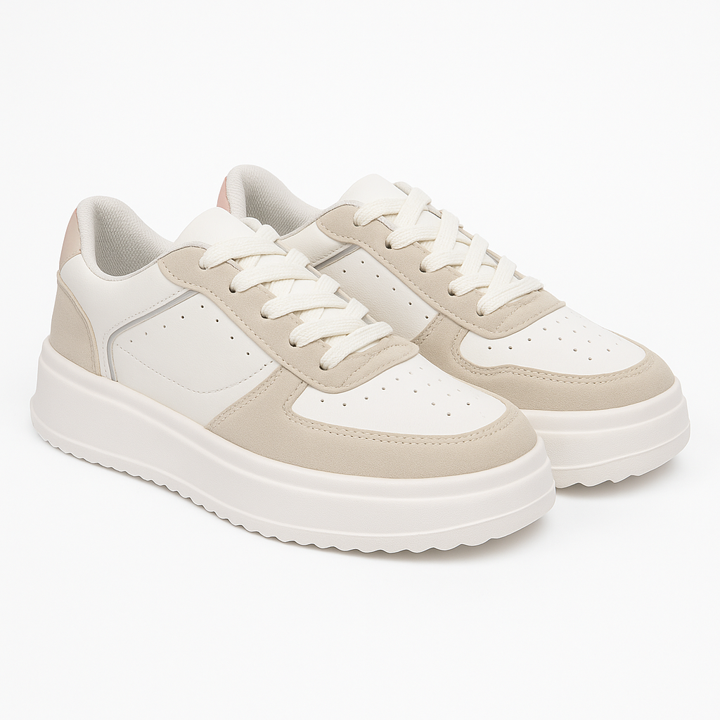 Tênis Feminino Plataforma TR369 Branco/Aveia/Prata Oneflip