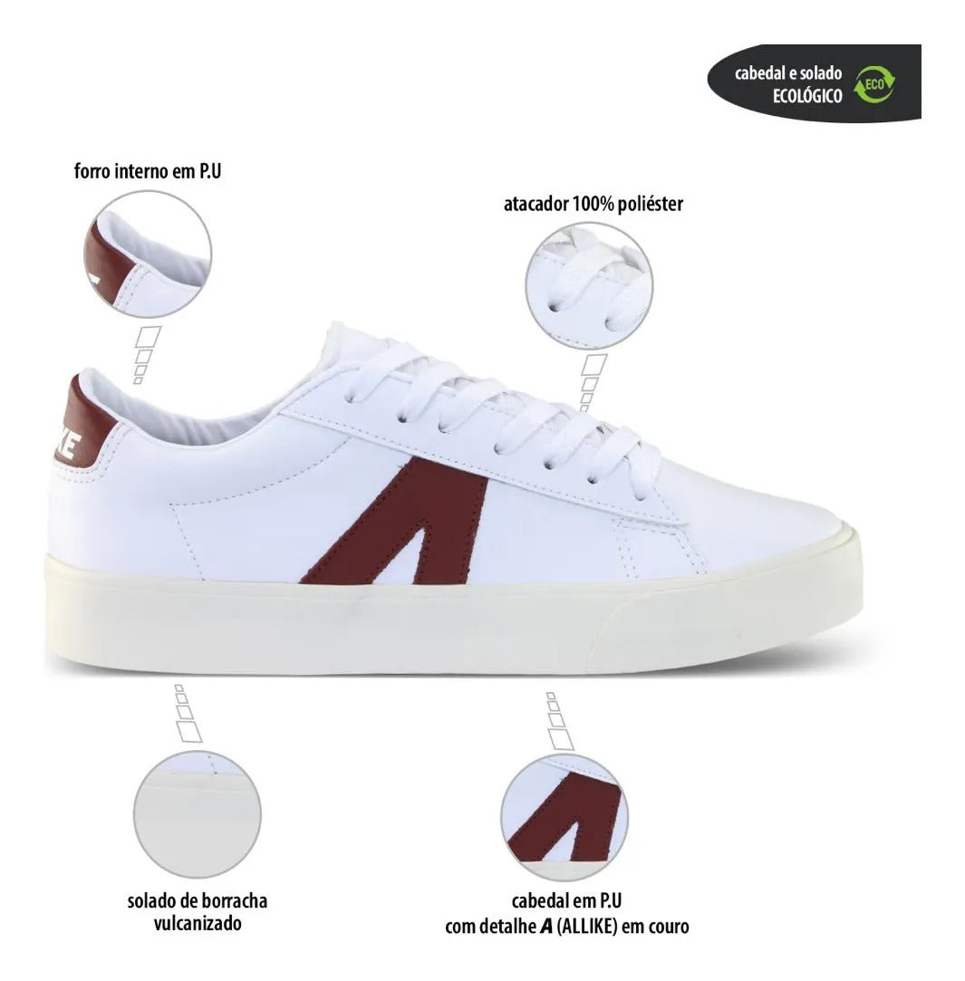Tênis Allike Masculino Branco/Bordô – Estilo Urbano