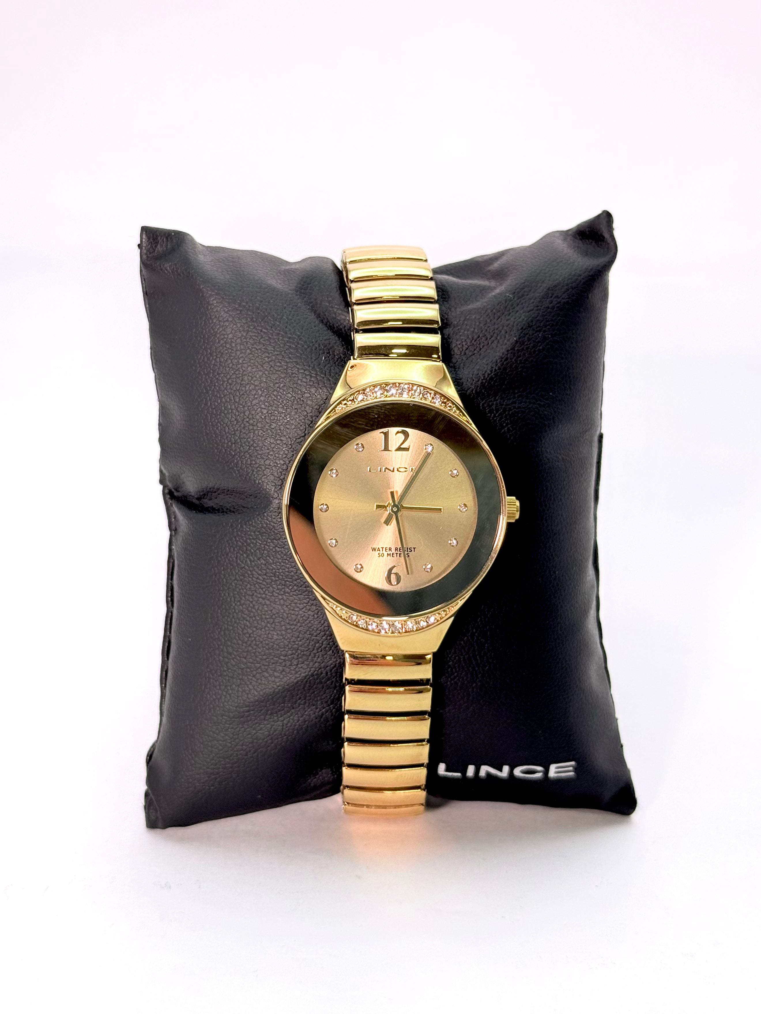 Relógio Feminino Lince Dourado com Cristais – Pulseira de Aço Expansível (50 m)