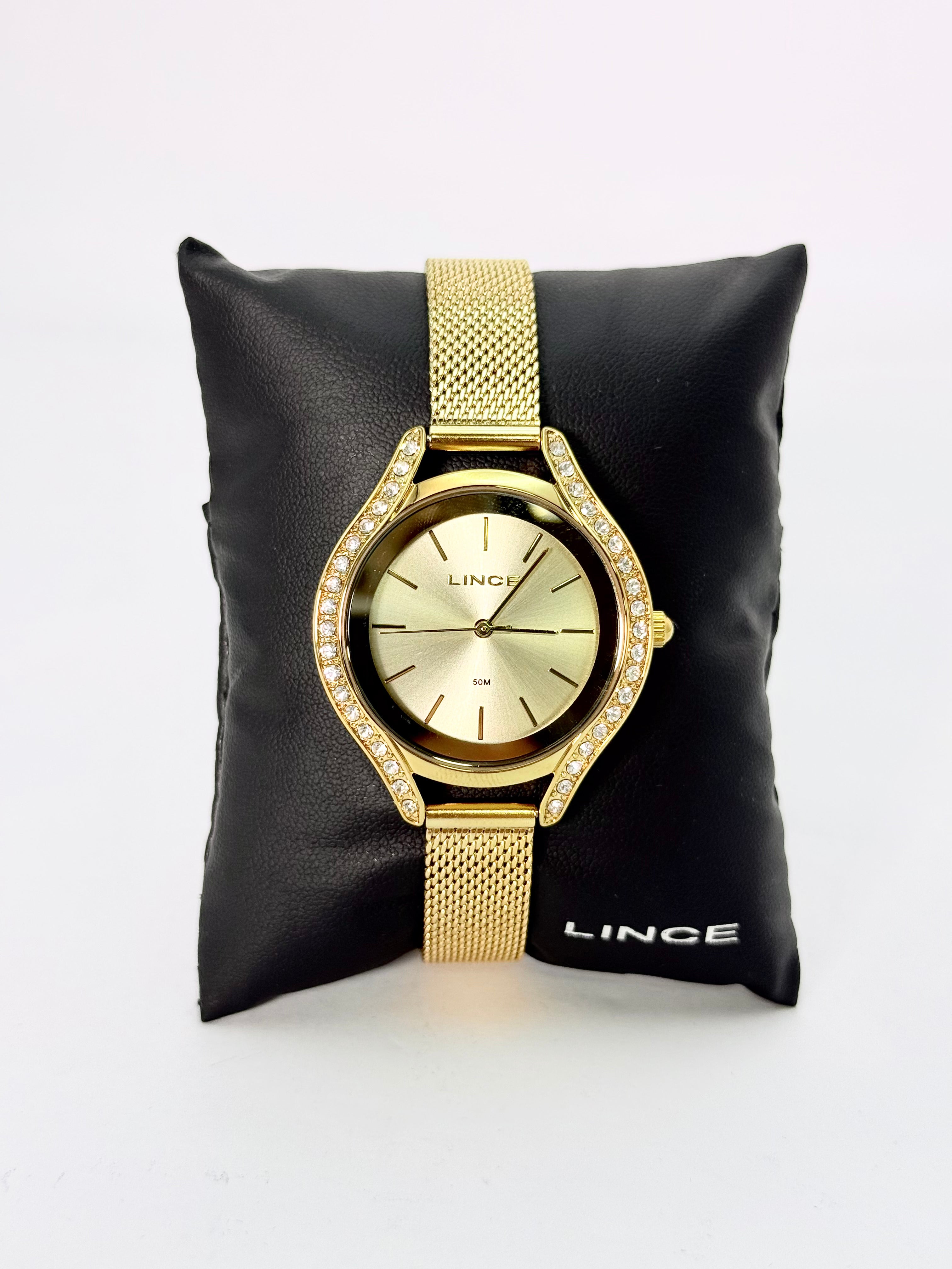 Relógio Feminino Lince – Pulseira Milanesa com Cristais Laterais (50 m)
