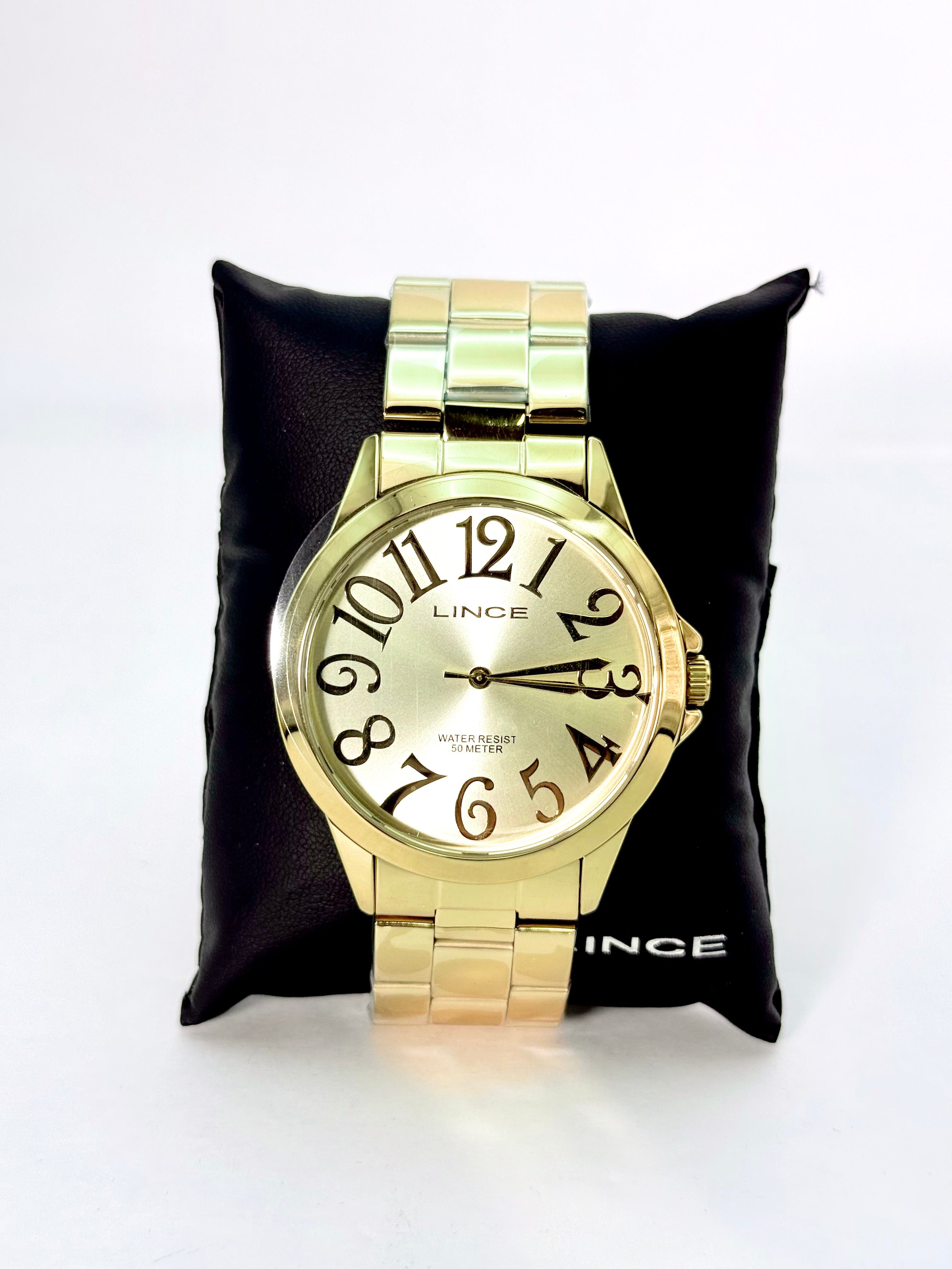 Relógio Feminino Lince Dourado – Pulseira de Aço Expansível (50 m)
