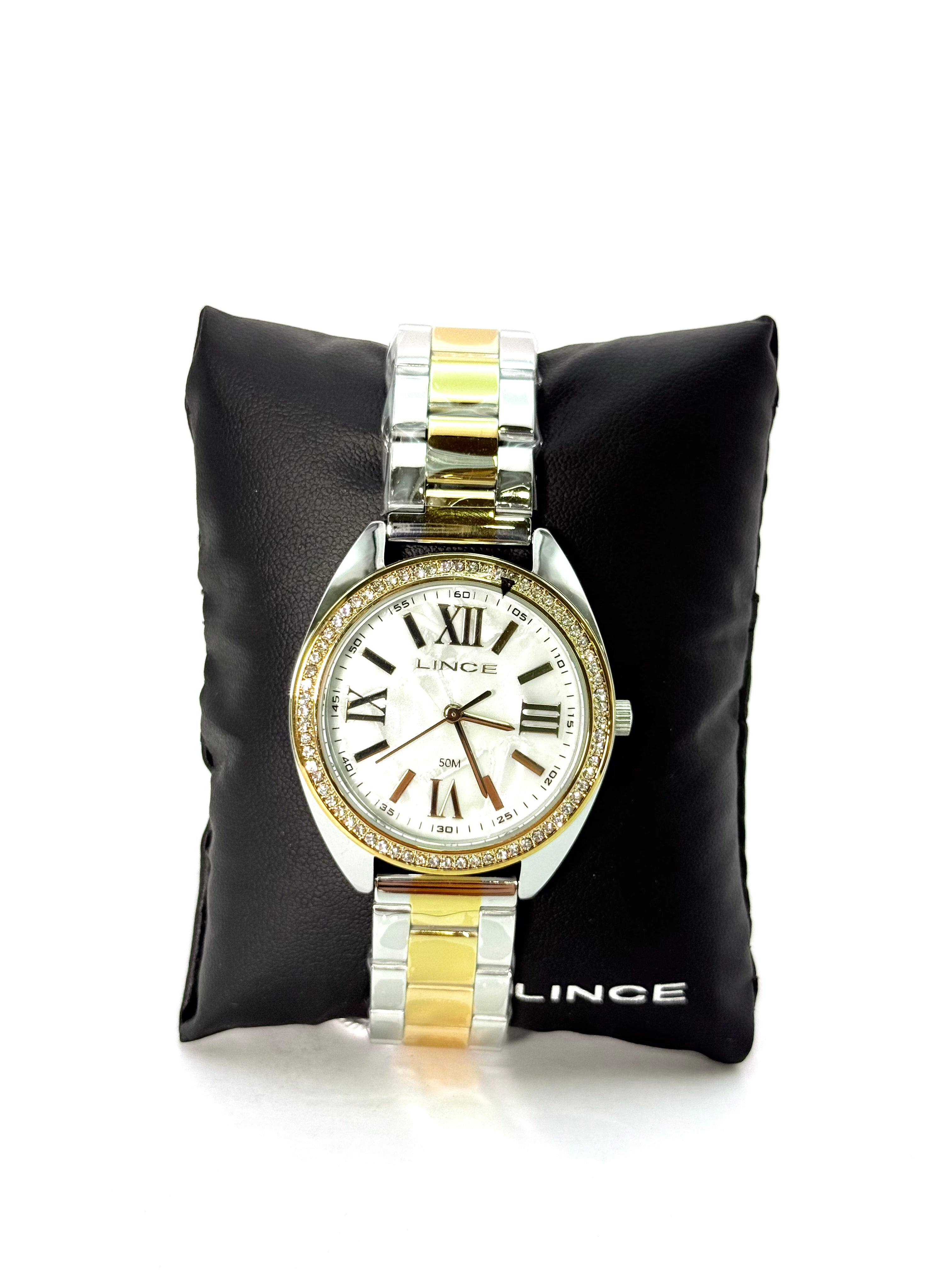 Relógio Lince Feminino Bicolor – Numeração Romana com Cristais em Aço