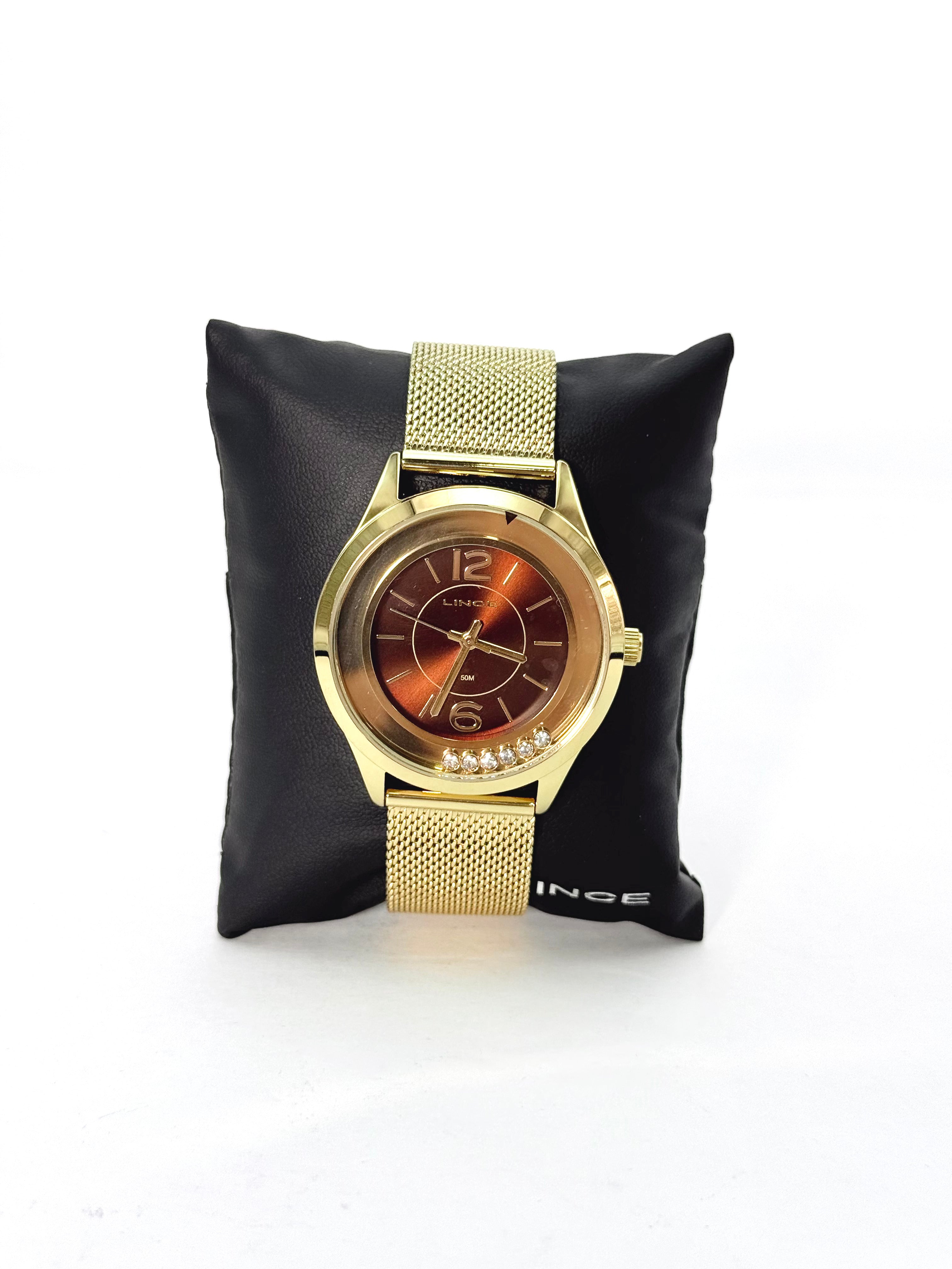 Relógio Lince Feminino Dourado – Malha Milanesa com Dial Marrom