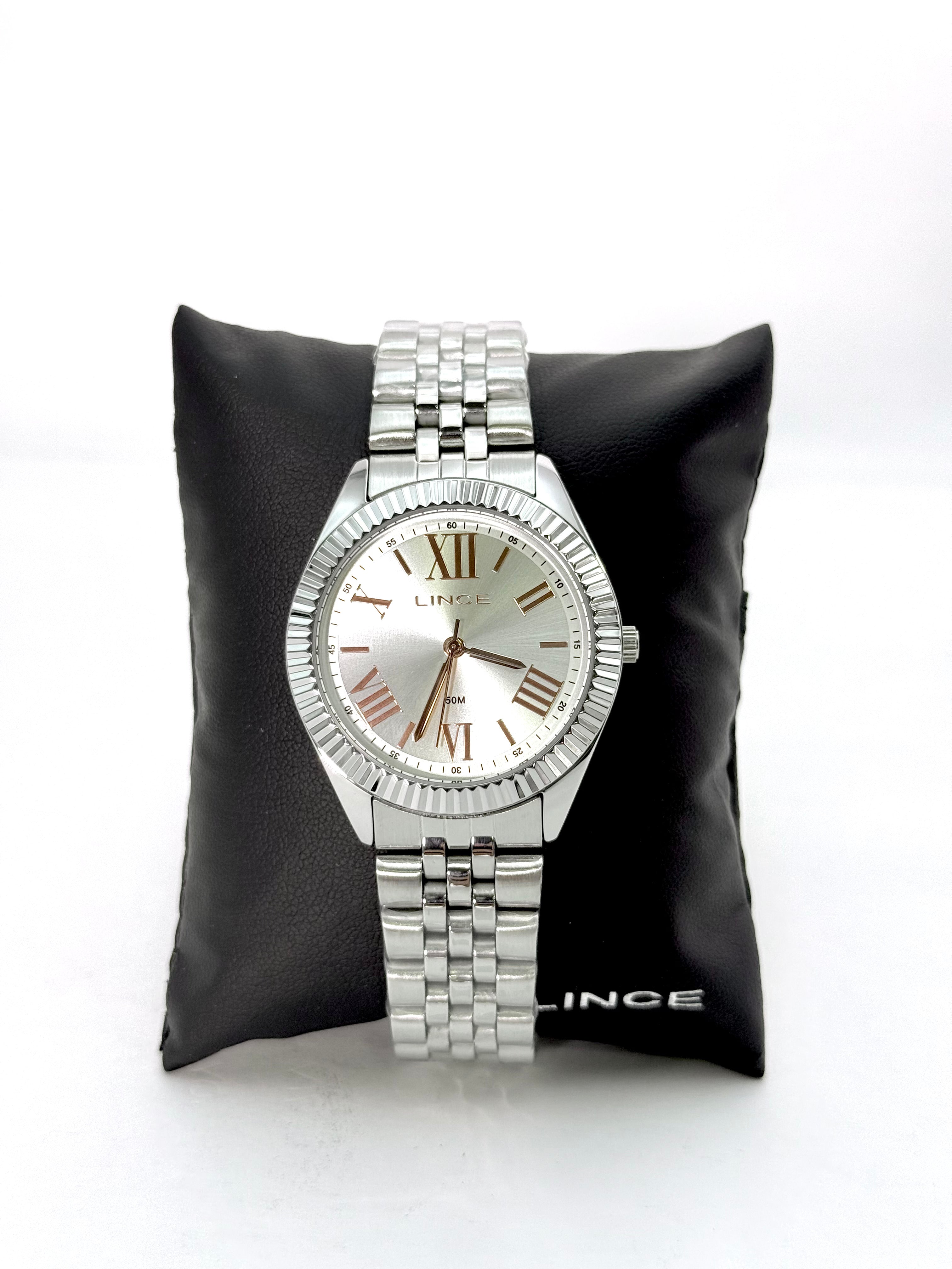Relógio Lince Feminino Prata – Romano com Aro Serrilhado