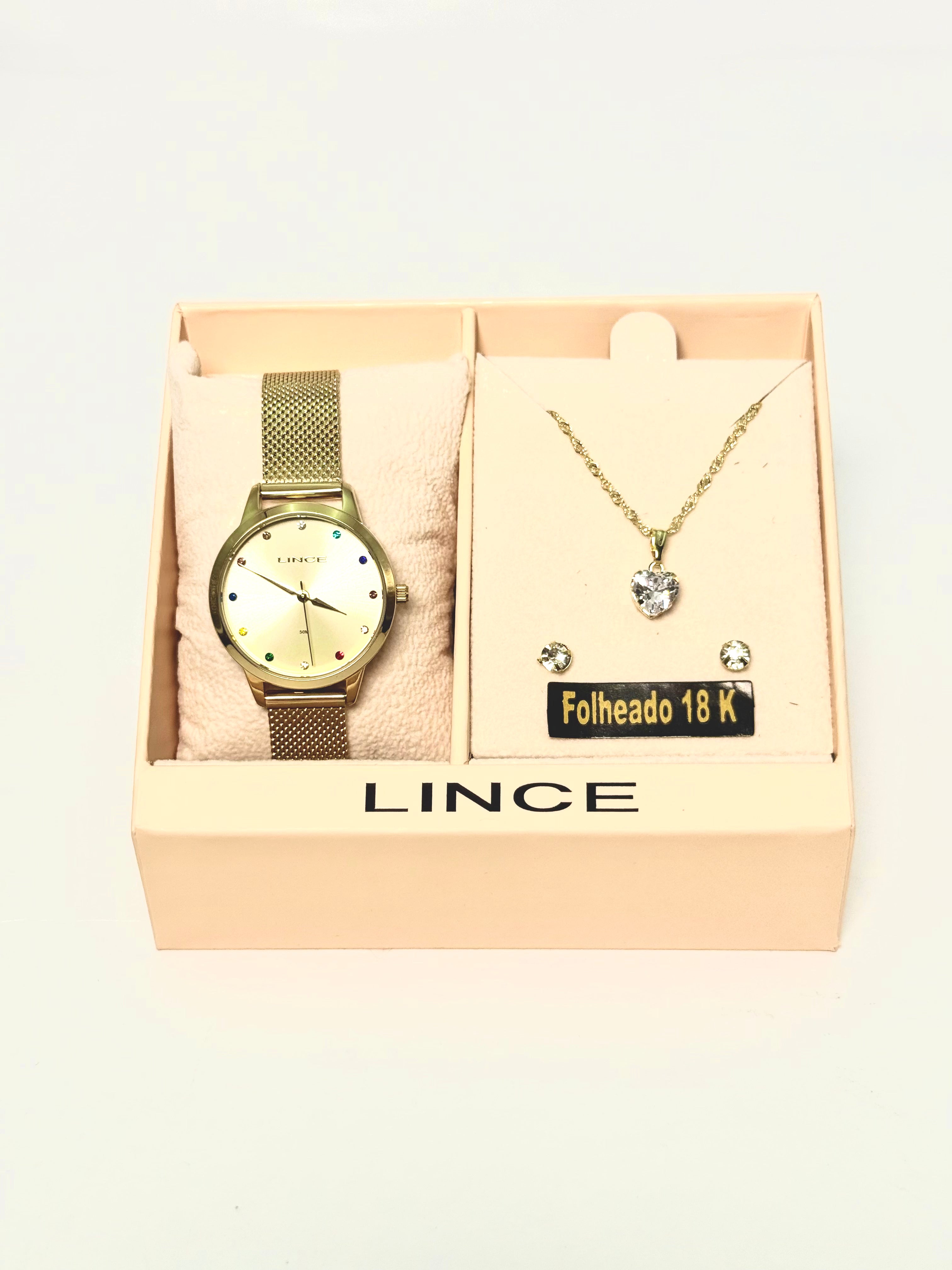 Kit Relógio Lince Feminino Dourado Milanesa + Colar Coração e Brincos Folheados