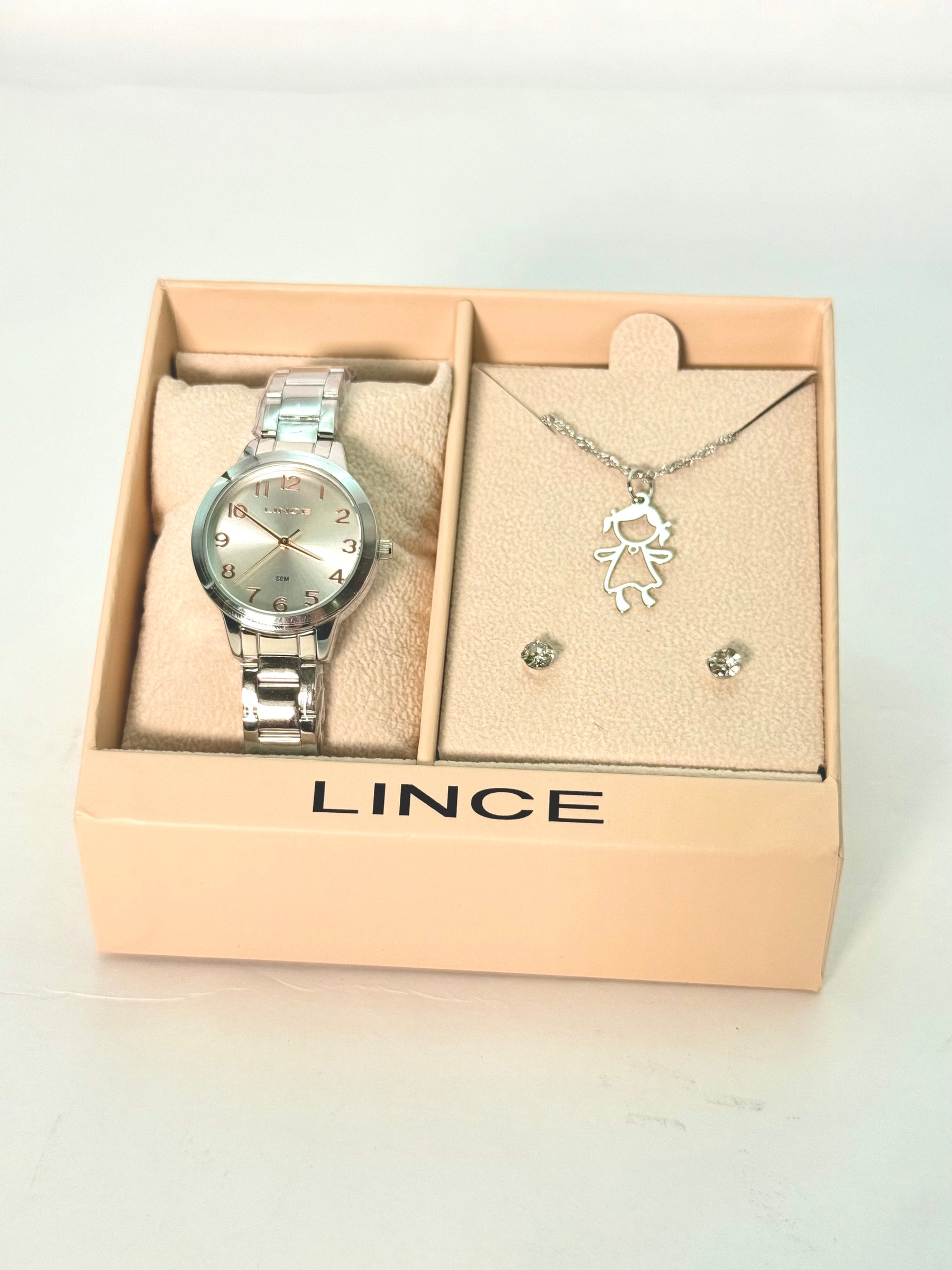 Kit Relógio Lince Feminino Prata + Colar Menina e Brincos