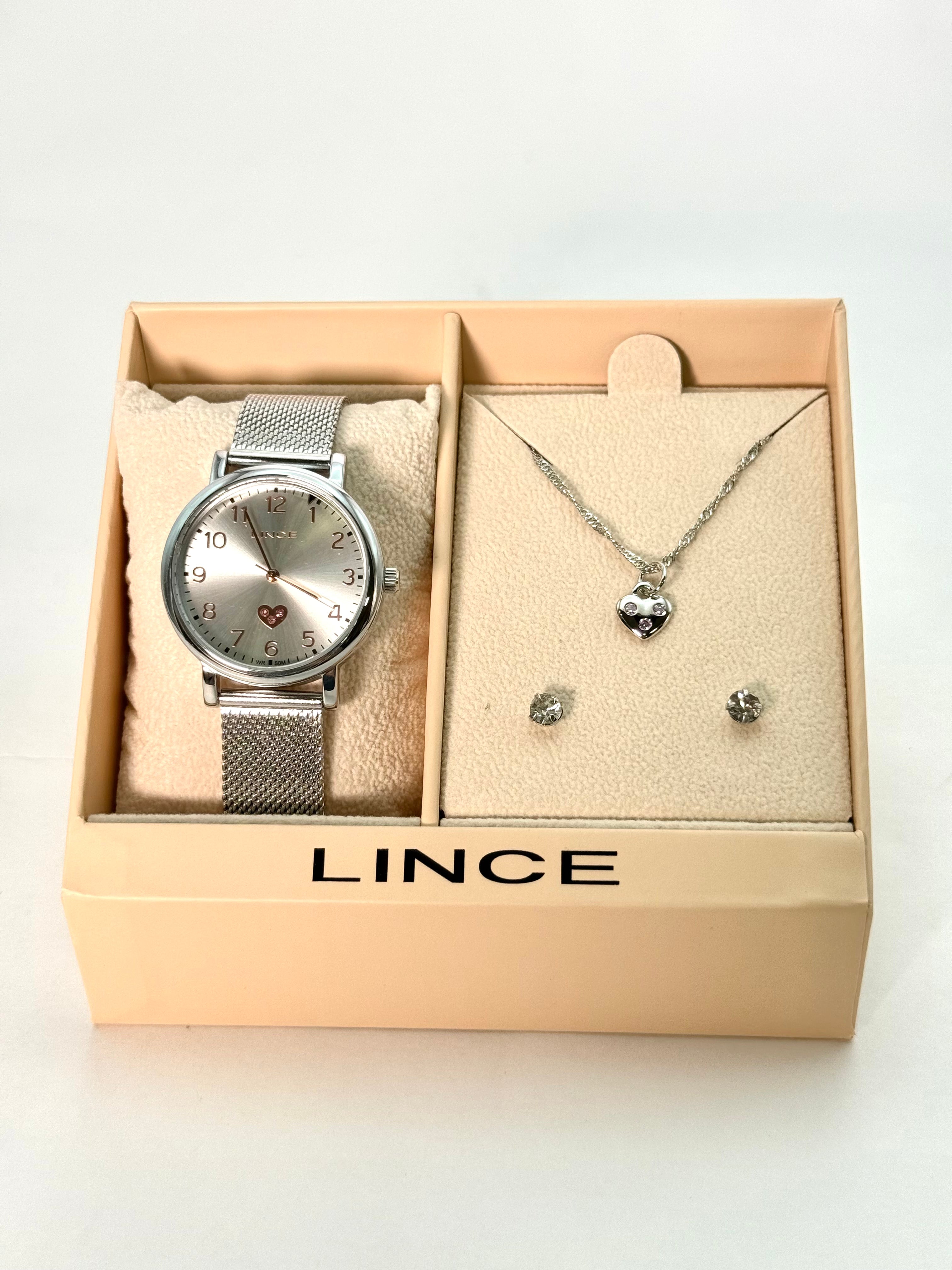 Kit Relógio Lince Feminino Prata Pulseira Mesh + Colar Corações + Brincos