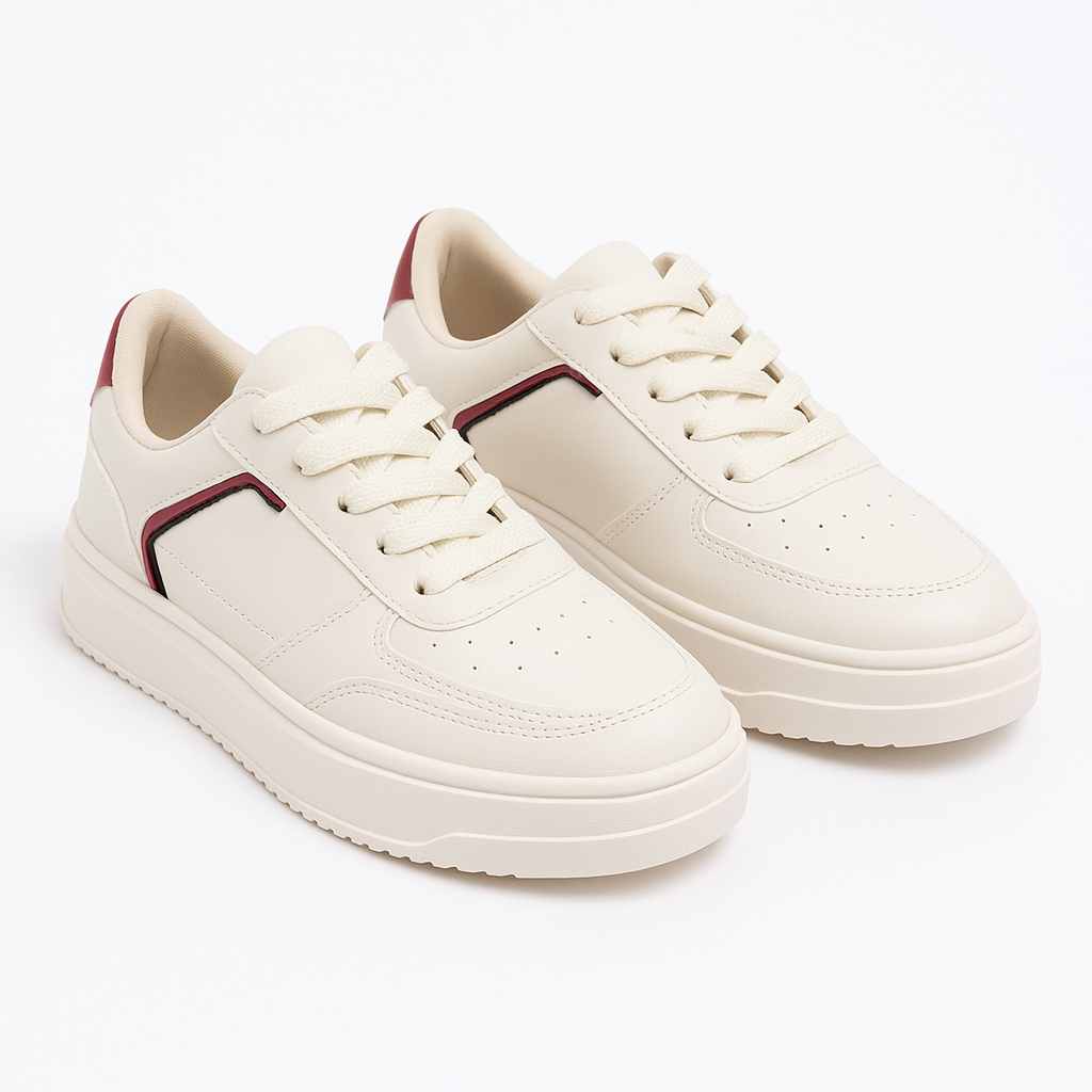 Tênis Feminino Casual Plataforma TR369 Branco/Off White/Bordô Oneflip