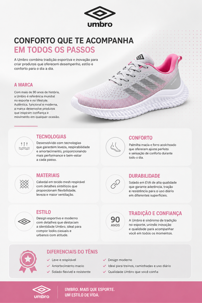 Tênis Feminino Esportivo Veloce Flow Rosa & Branco