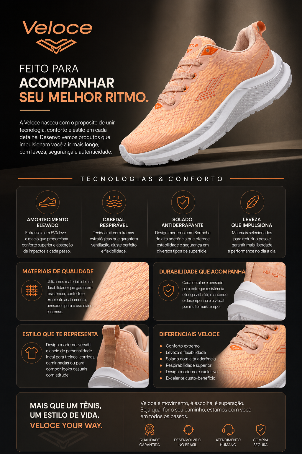 Tênis Feminino Esportivo Veloce Motion Peach
