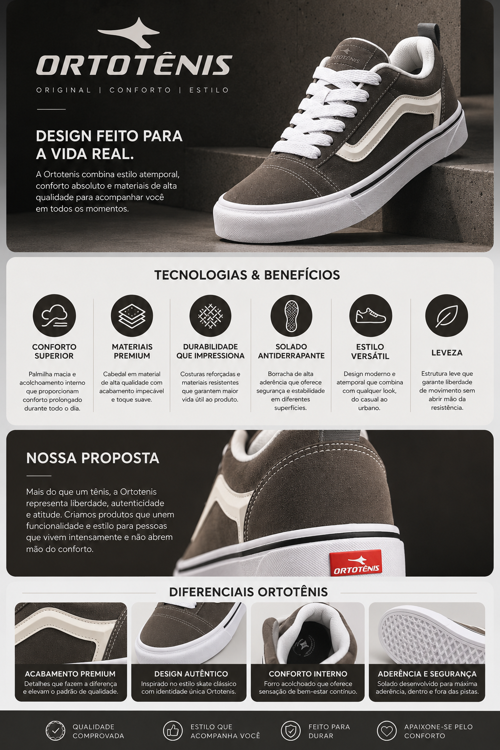 Tênis Casual Skate Ortotênis Urban Taupe White