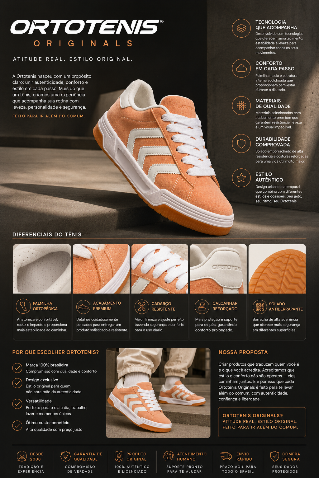 Tênis Feminino Ortotenis Originals Casual Street Peach White