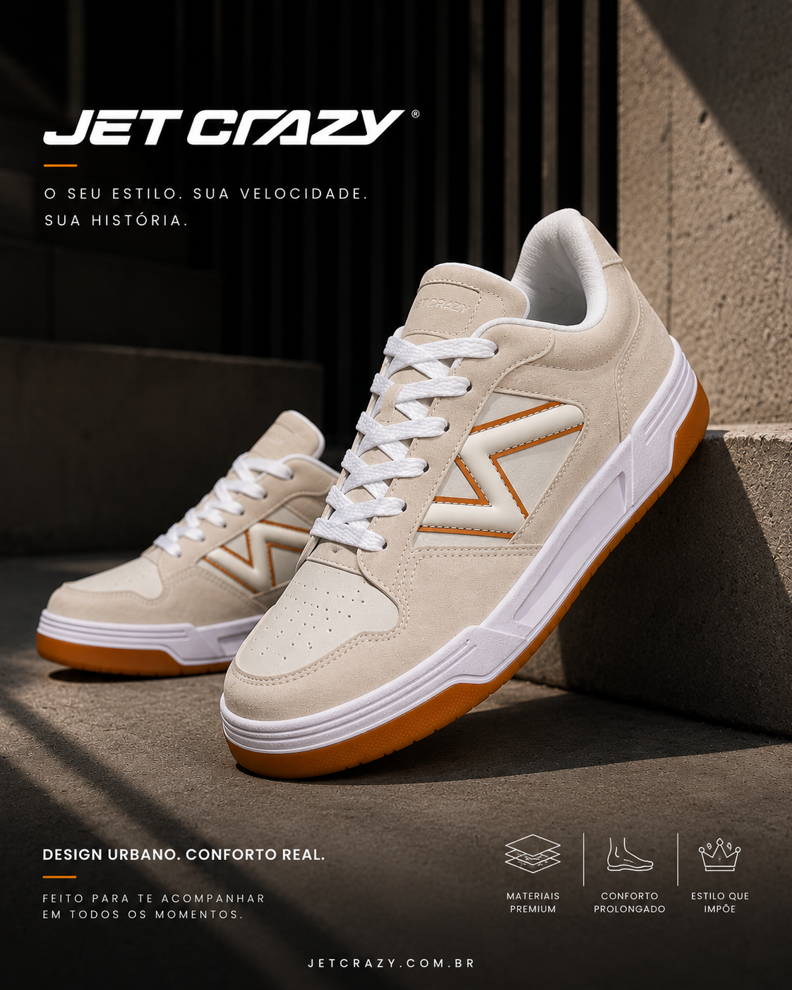 Tênis Casual Jet Crazy Urban Street Off White / Caramelo