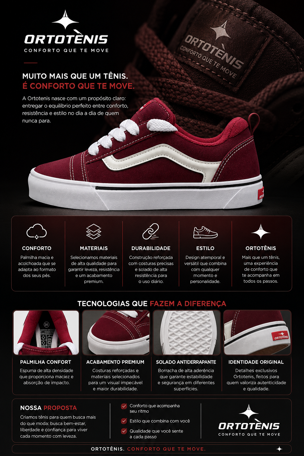 Tênis Ortotênis Casual Street Bordô – Unissex