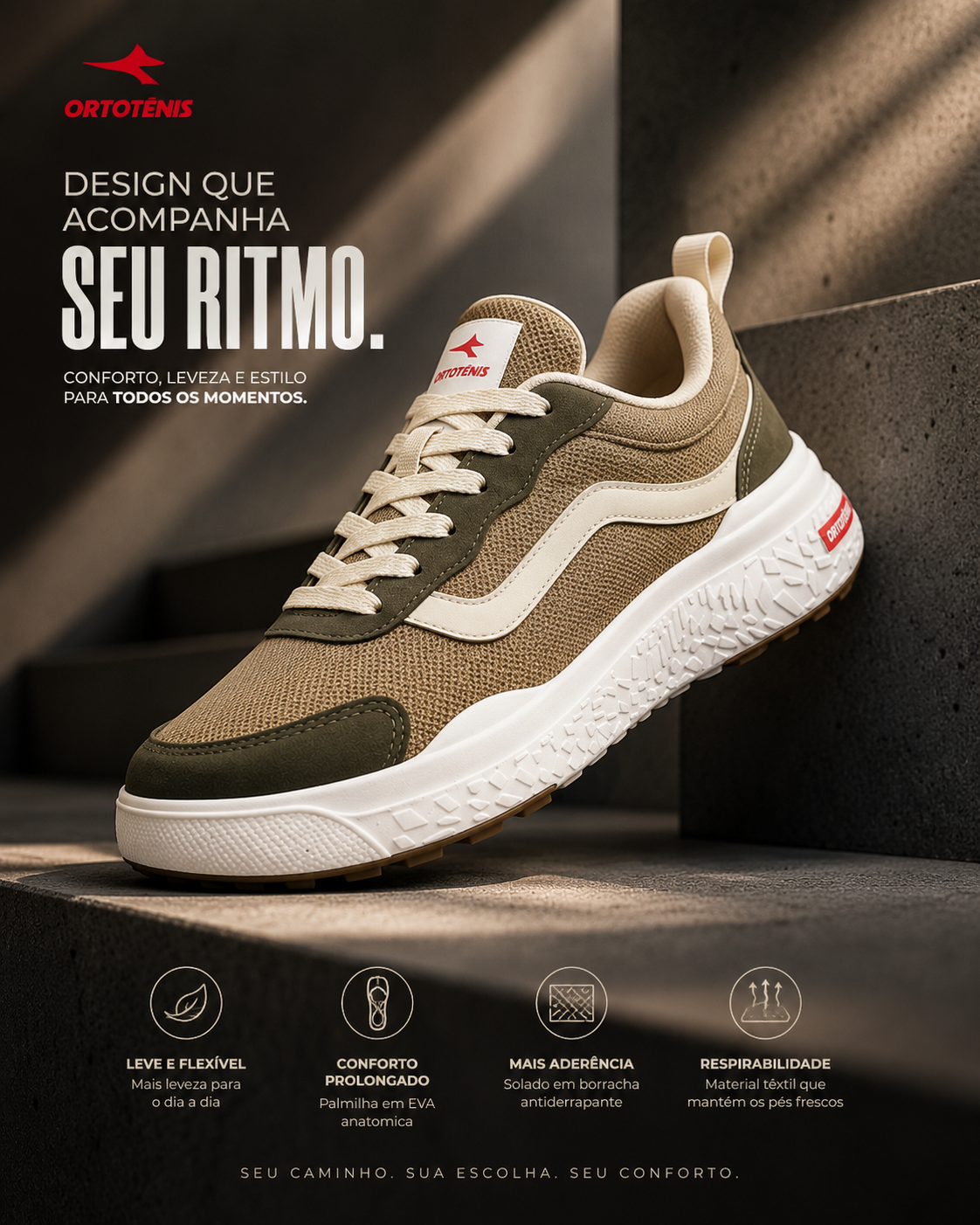 Tênis Ortotênis Casual Urban Trail Bege/Oliva – Masculino