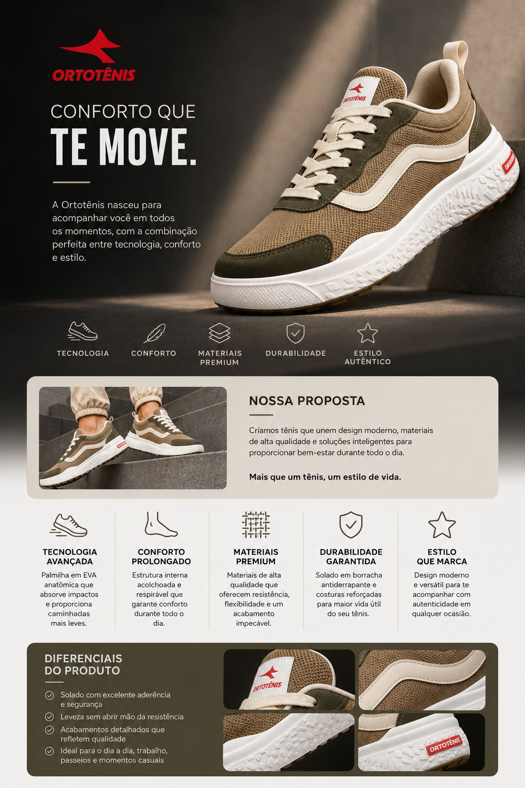 Tênis Ortotênis Casual Urban Trail Bege/Oliva – Masculino