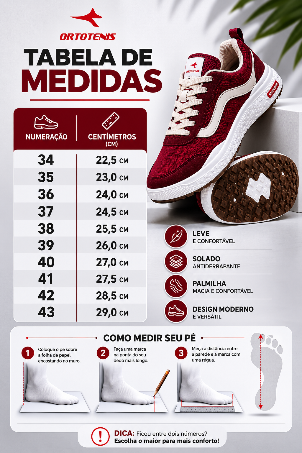 Tênis Ortotênis Casual Urban Vermelho Bordô – Unissex