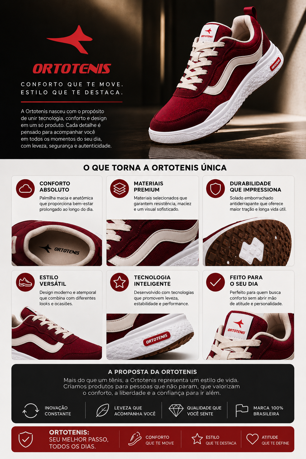 Tênis Ortotênis Casual Urban Vermelho Bordô – Unissex