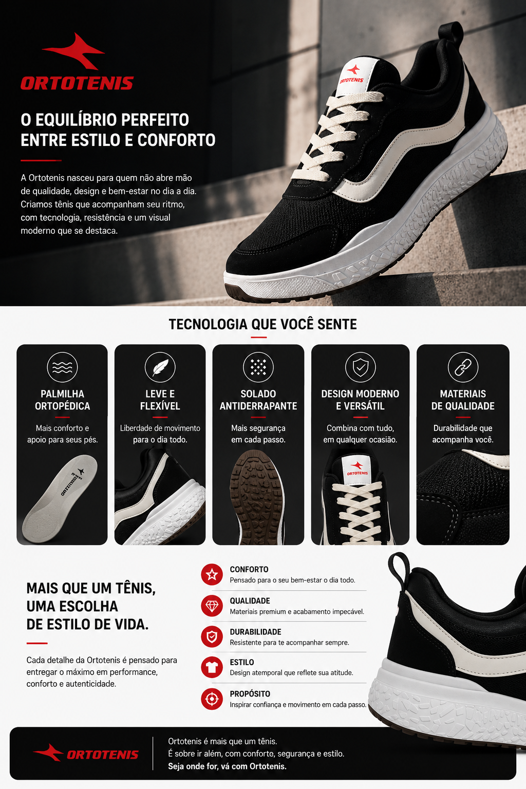 Tênis Ortotênis Foam Comfort Preto/Branco