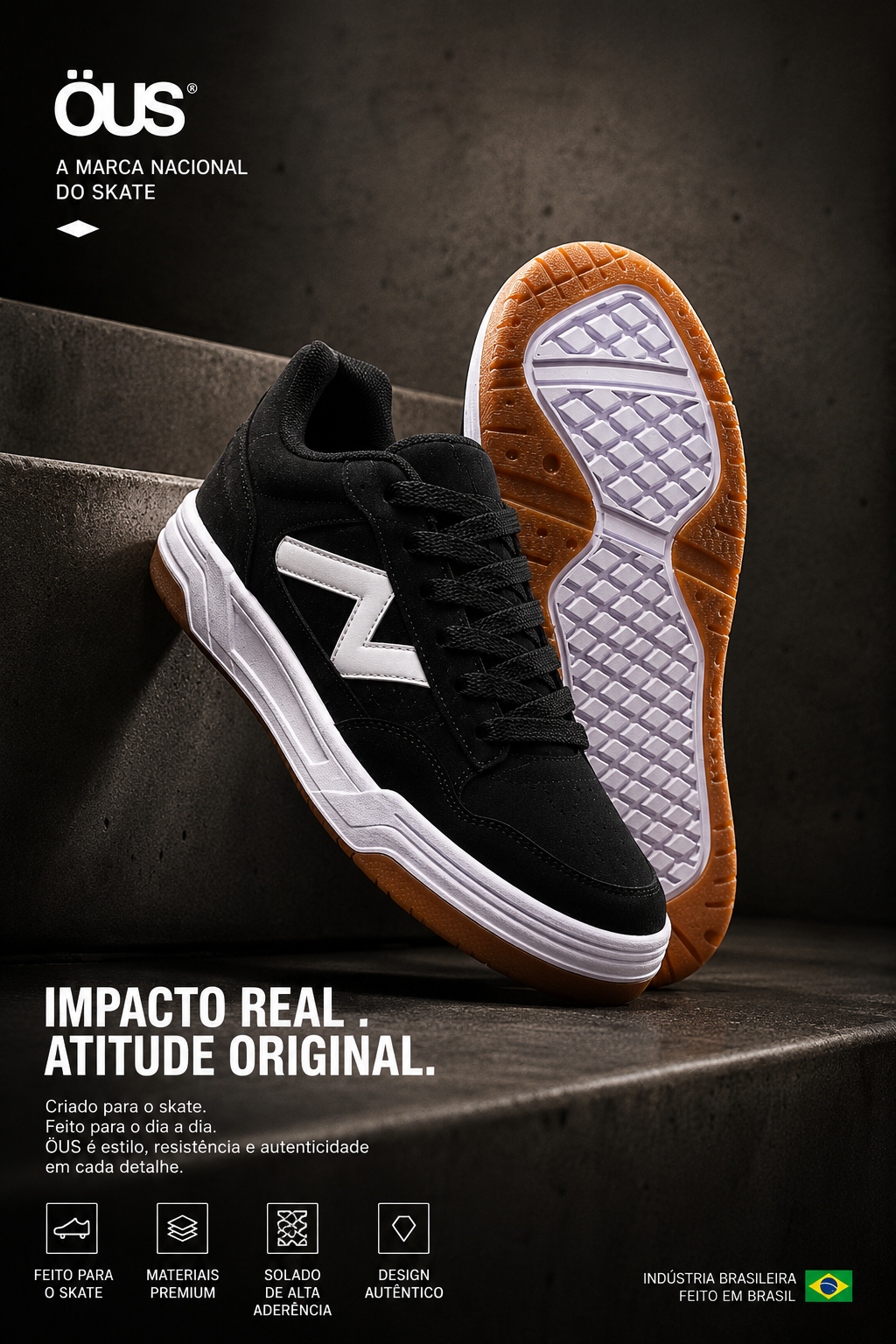 Tênis ÖUS Preto e Branco Skate Street Masculino