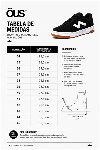 Tênis ÖUS Preto e Branco Skate Street Masculino