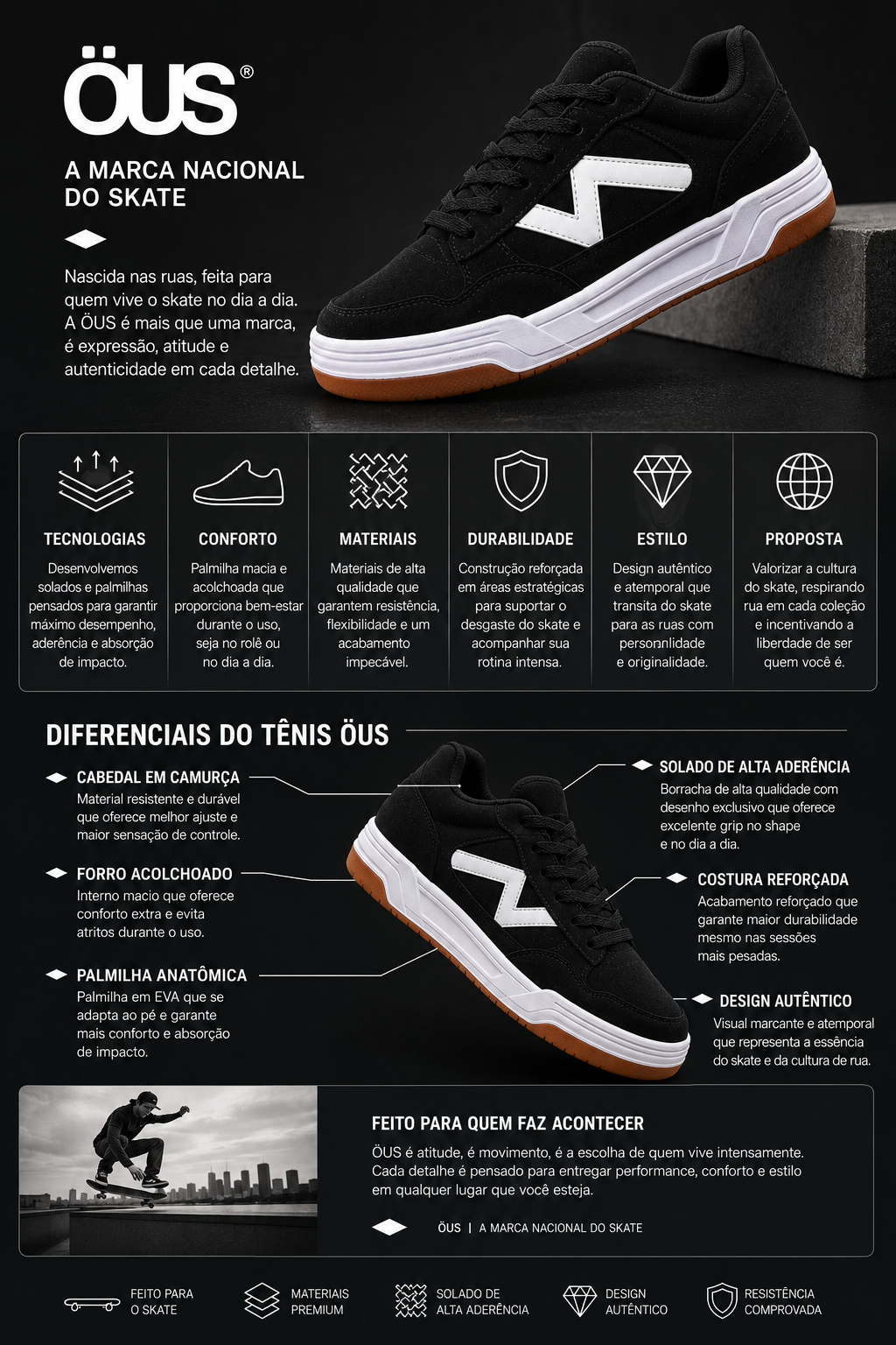 Tênis ÖUS Preto e Branco Skate Street Masculino