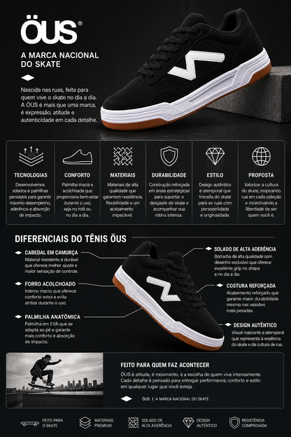Tênis ÖUS Preto e Branco Skate Street Masculino