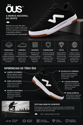 Tênis ÖUS Preto e Branco Skate Street Masculino