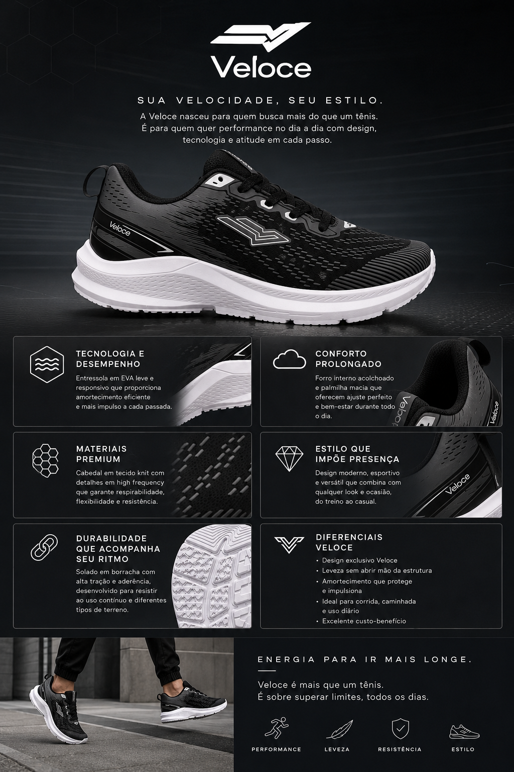 Tênis Esportivo Veloce NitroFlow Black Graphite
