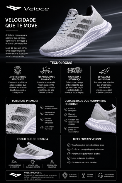 Tênis Esportivo Veloce MotionFlow Ice Gray