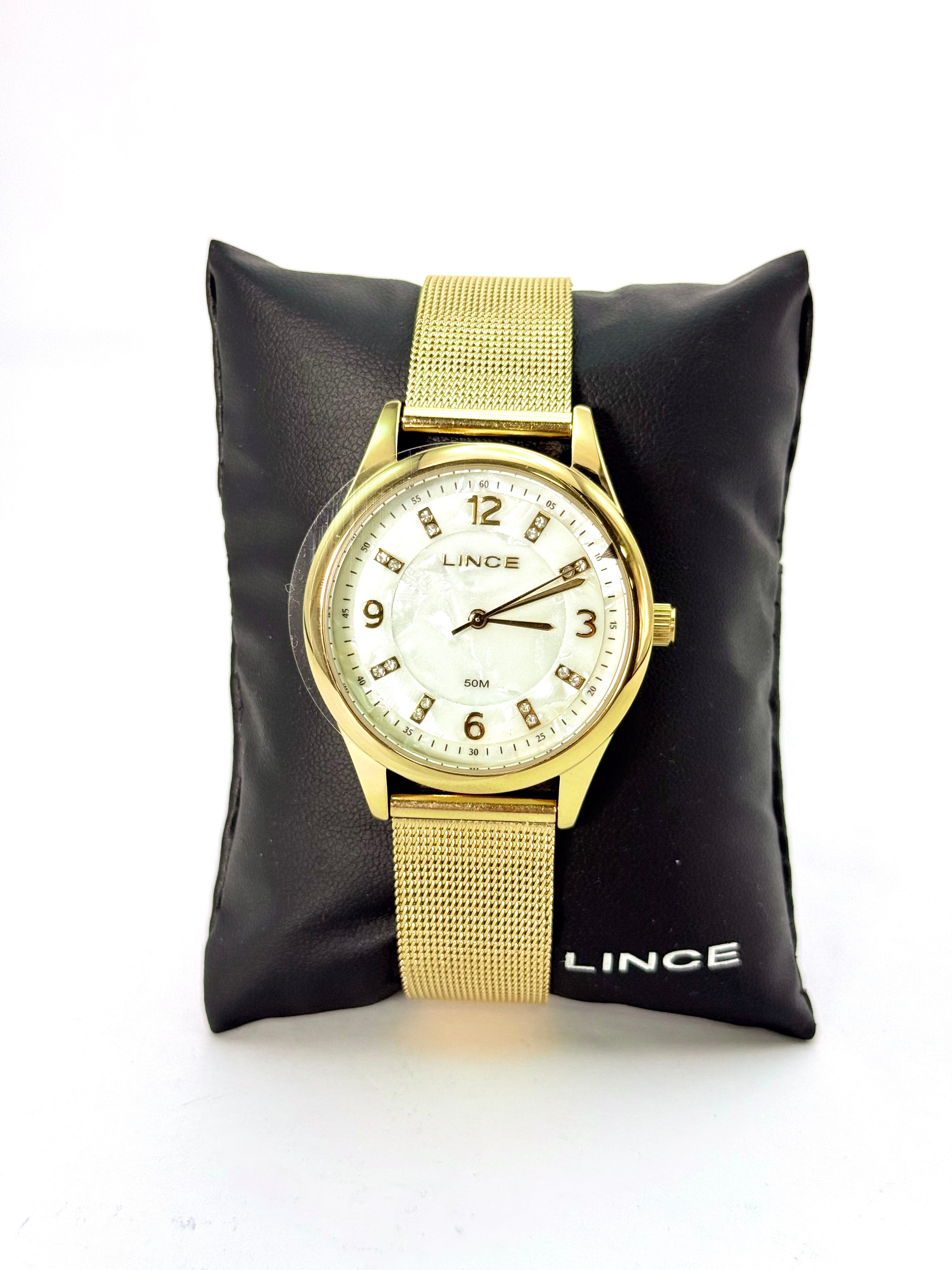 Relógio Feminino Lince Dourado – Malha Milanesa com Cristais (50 m)