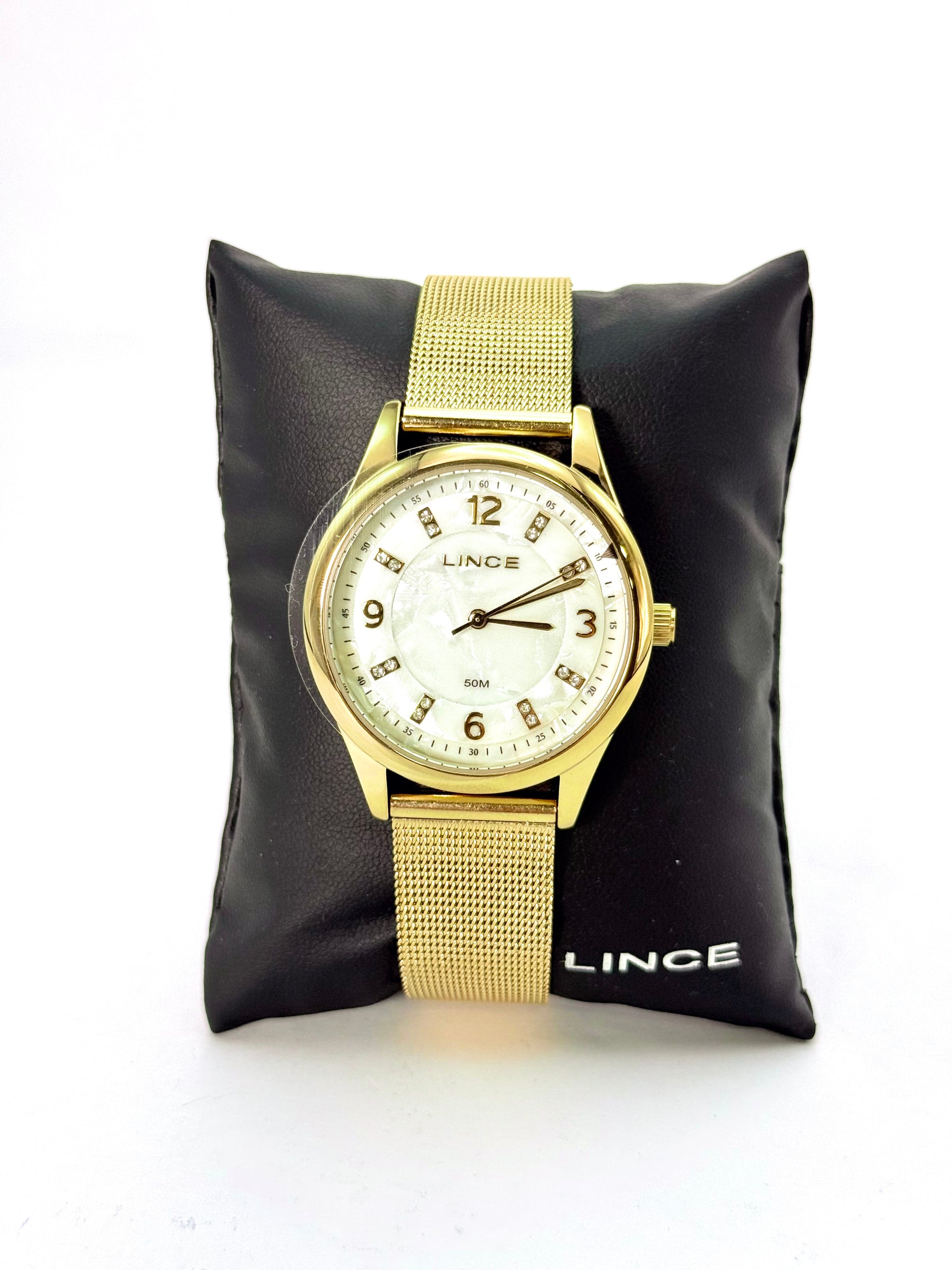 Relógio Feminino Lince Dourado – Malha Milanesa com Cristais (50 m)