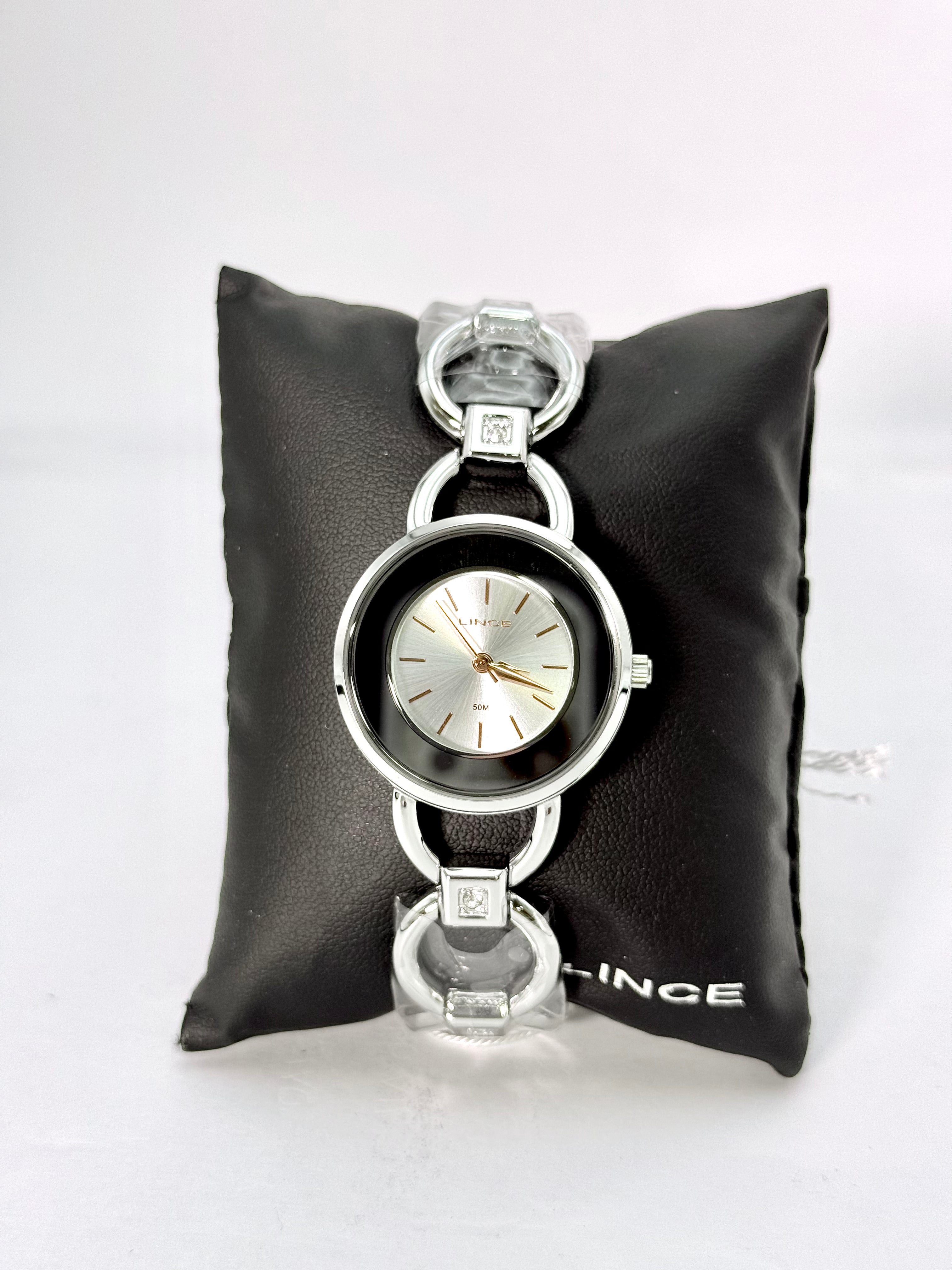 Relógio Lince Feminino Prata – Bracelete com Elos Circulares e Cristal (50 m)