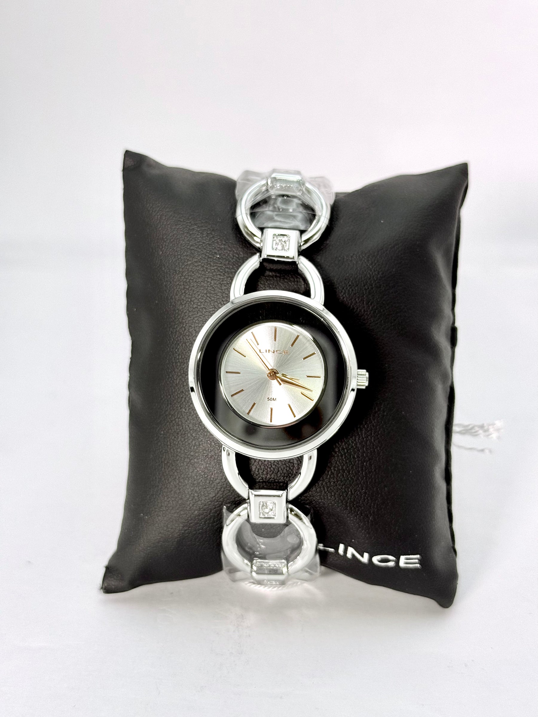 Relógio Lince Feminino Prata – Bracelete com Elos Circulares e Cristal (50 m)
