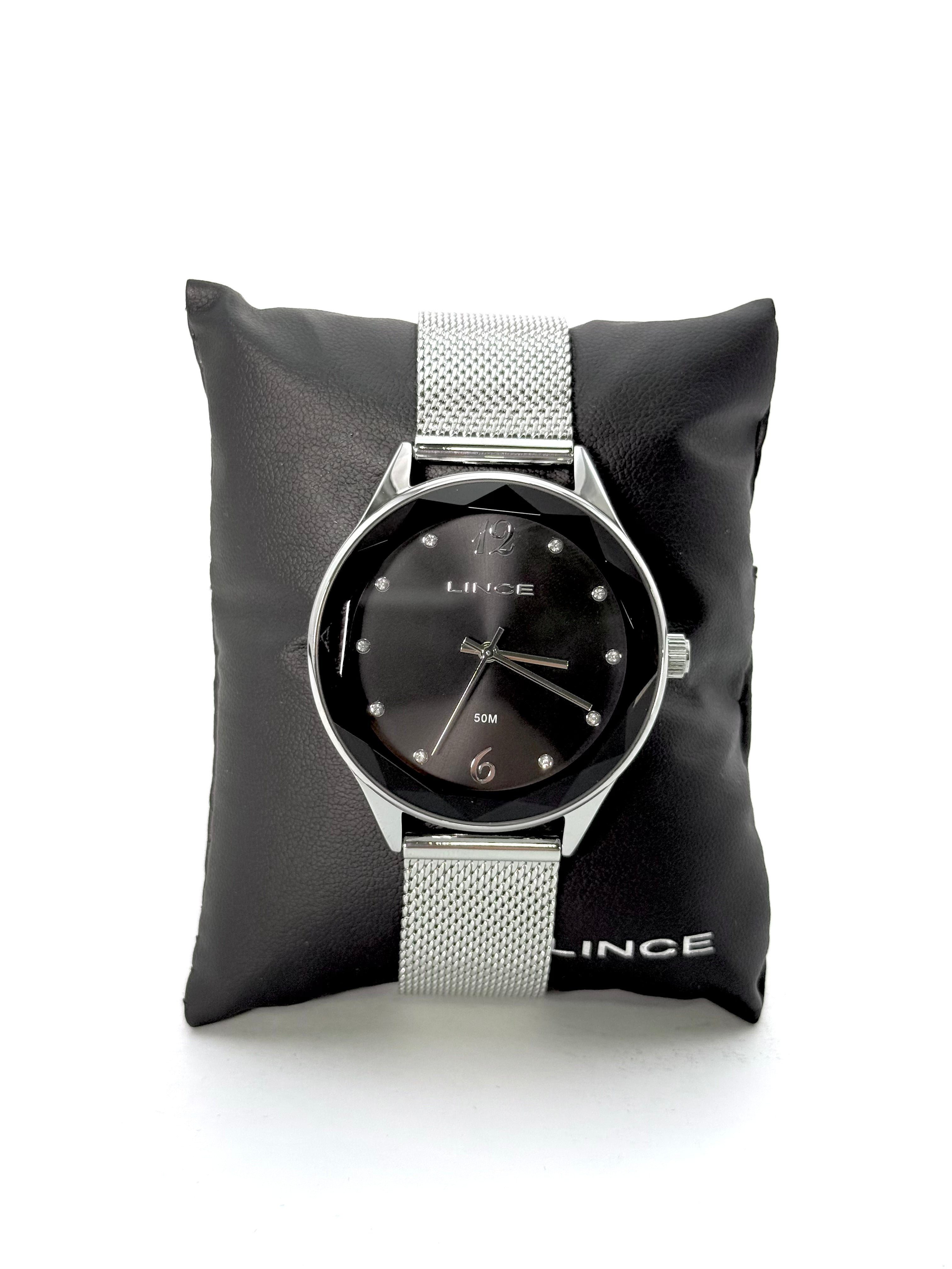 Relógio Lince Feminino Prata – Malha Milanesa, Dial Preto com Cristais