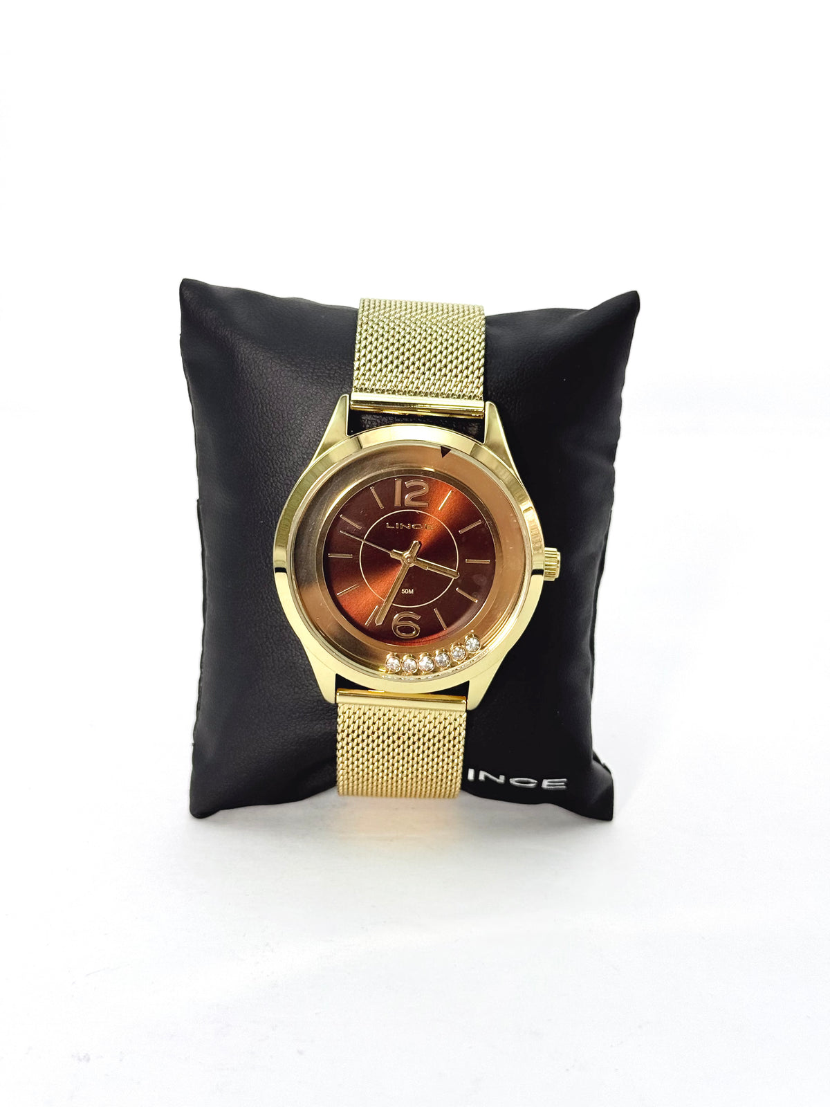 Relógio Lince Feminino Dourado – Malha Milanesa com Dial Marrom
