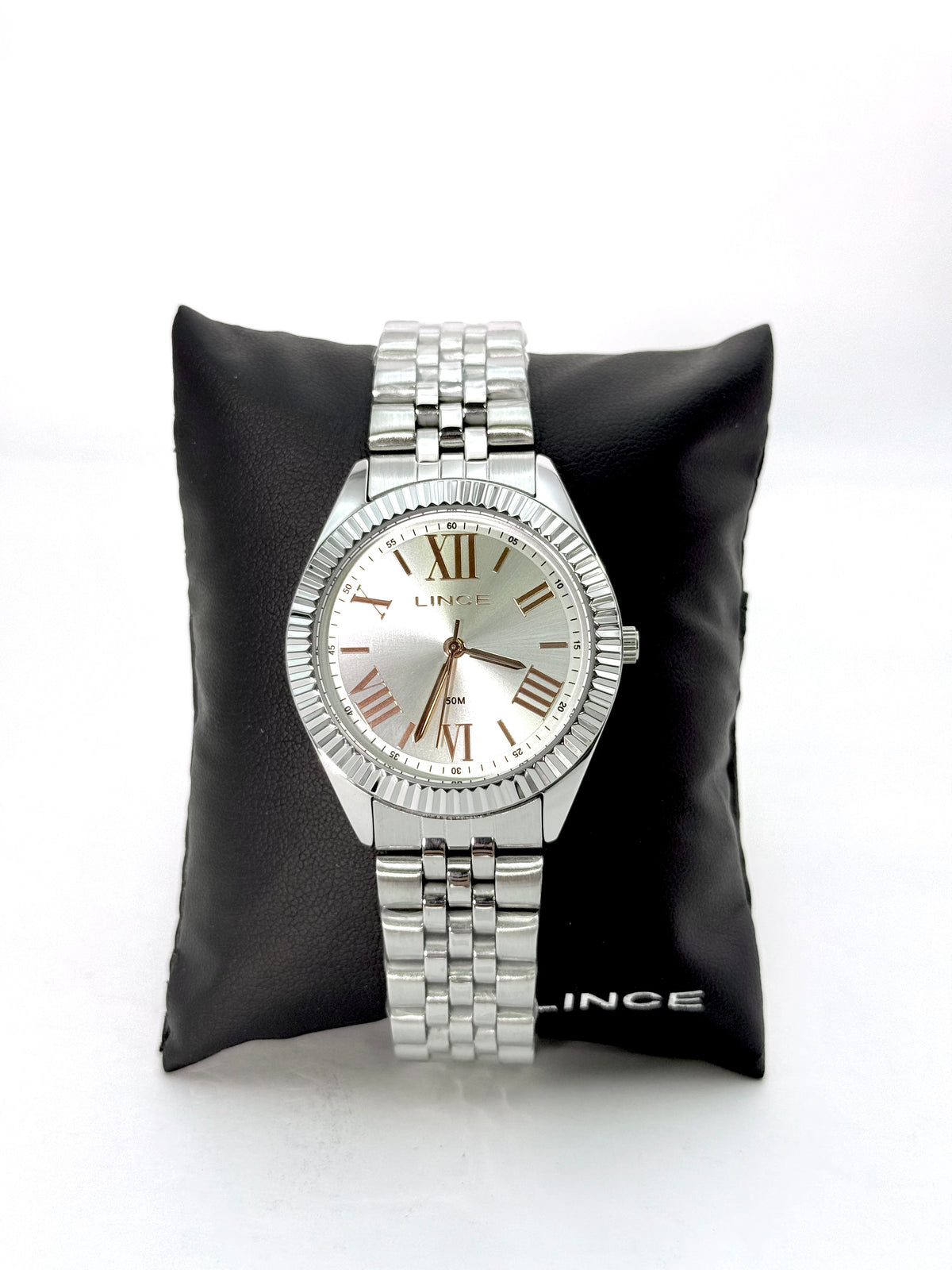 Relógio Lince Feminino Prata – Romano com Aro Serrilhado