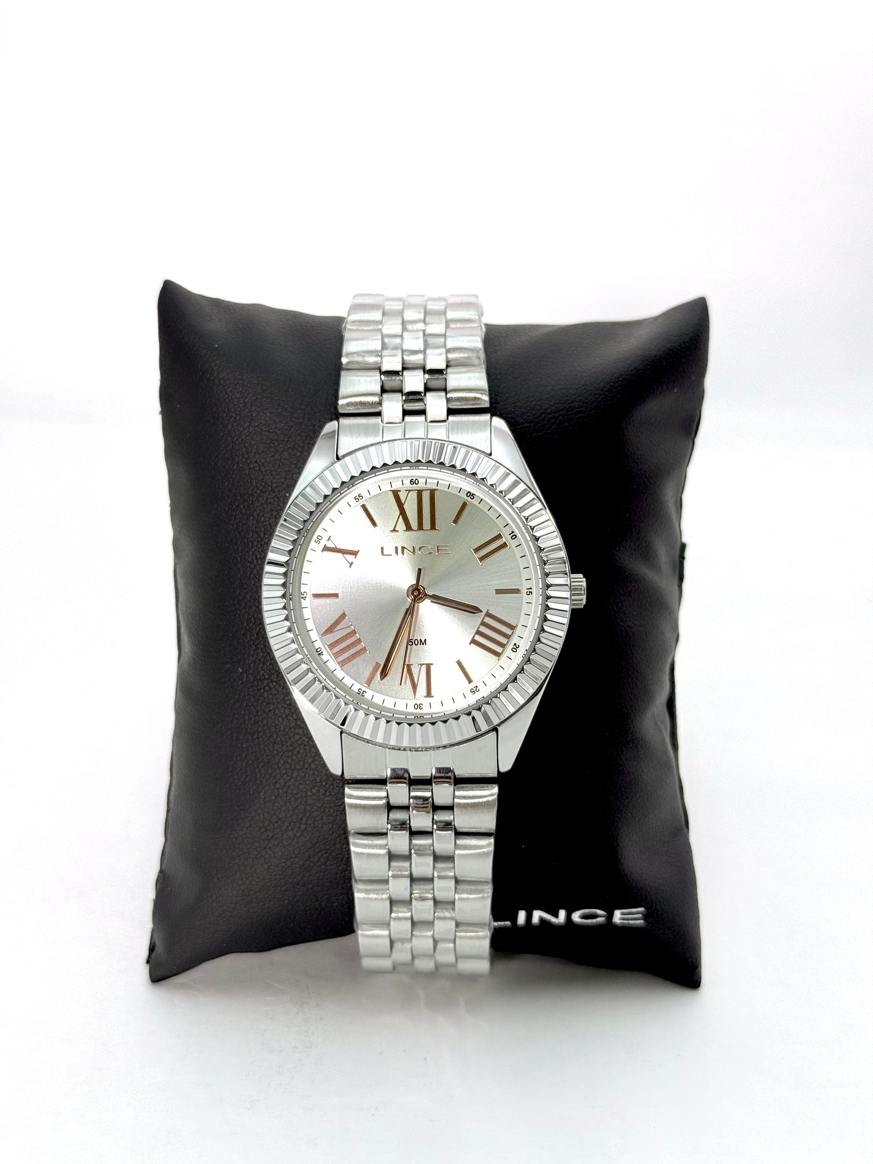 Relógio Lince Feminino Prata – Romano com Aro Serrilhado