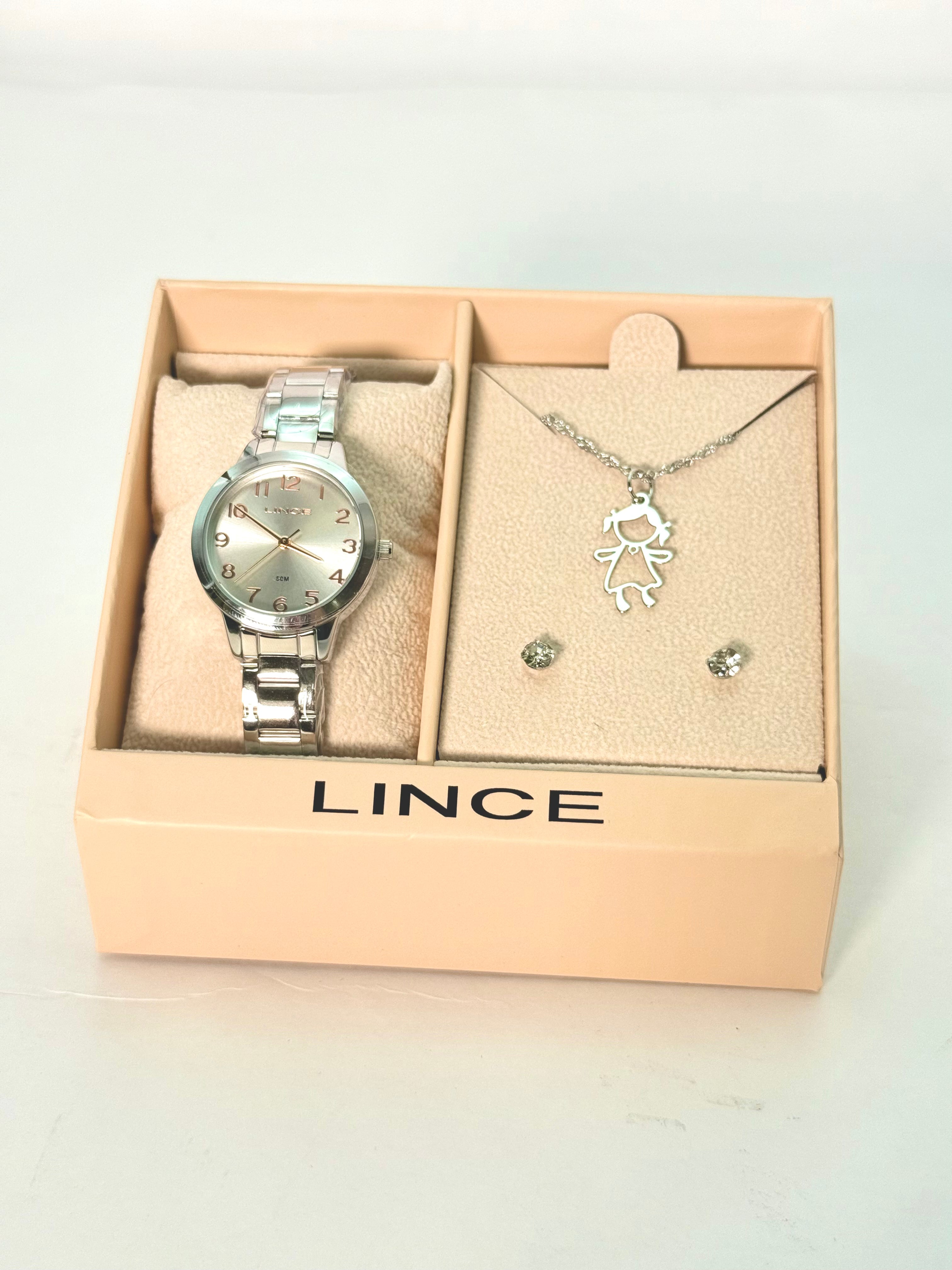 Kit Relógio Lince Feminino Prata + Colar Menina e Brincos