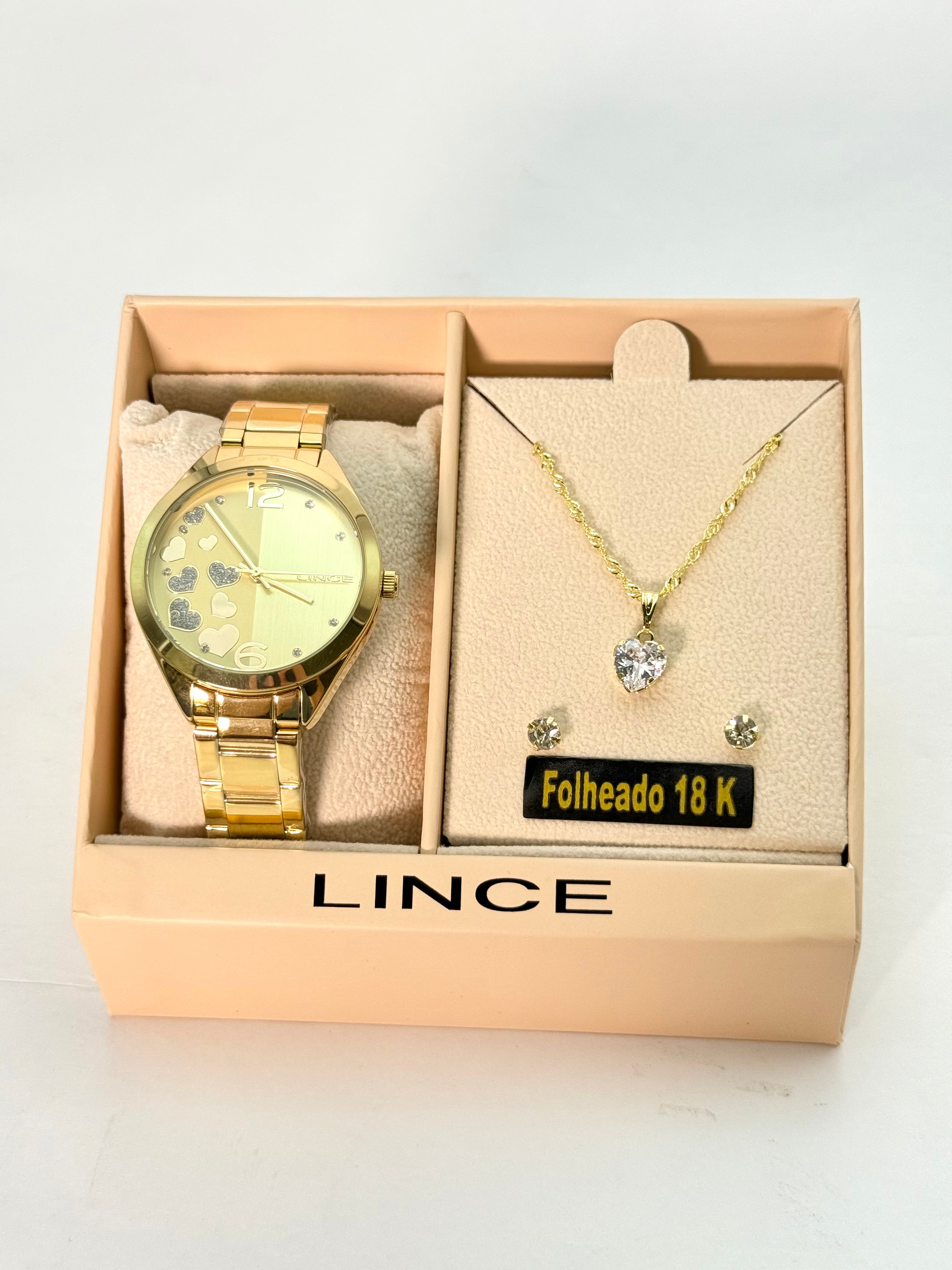 Kit Relógio Lince Feminino Dourado Corações + Colar e Brincos Folheados 18k