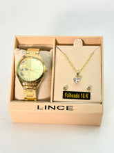 Kit Relógio Lince Feminino Dourado Corações + Colar e Brincos Folheados 18k