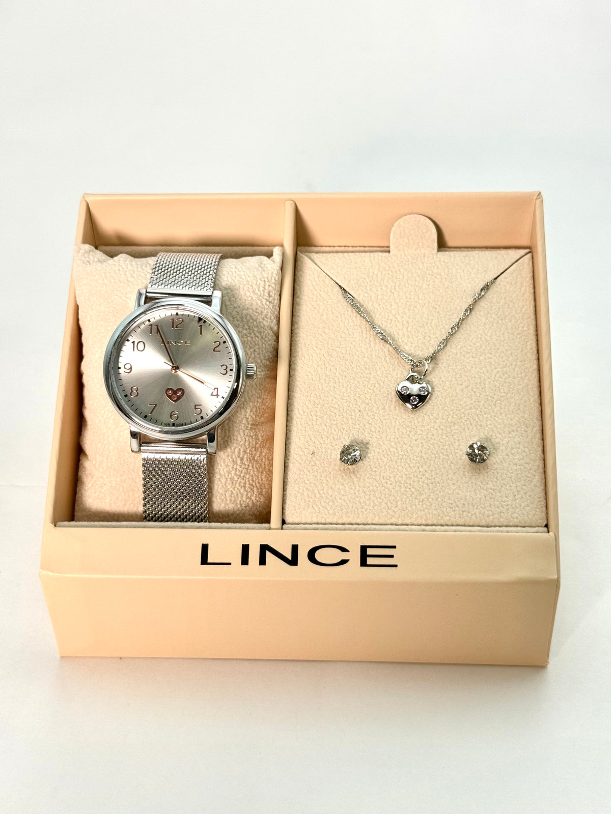 Kit Relógio Lince Feminino Prata Pulseira Mesh + Colar Corações + Brincos